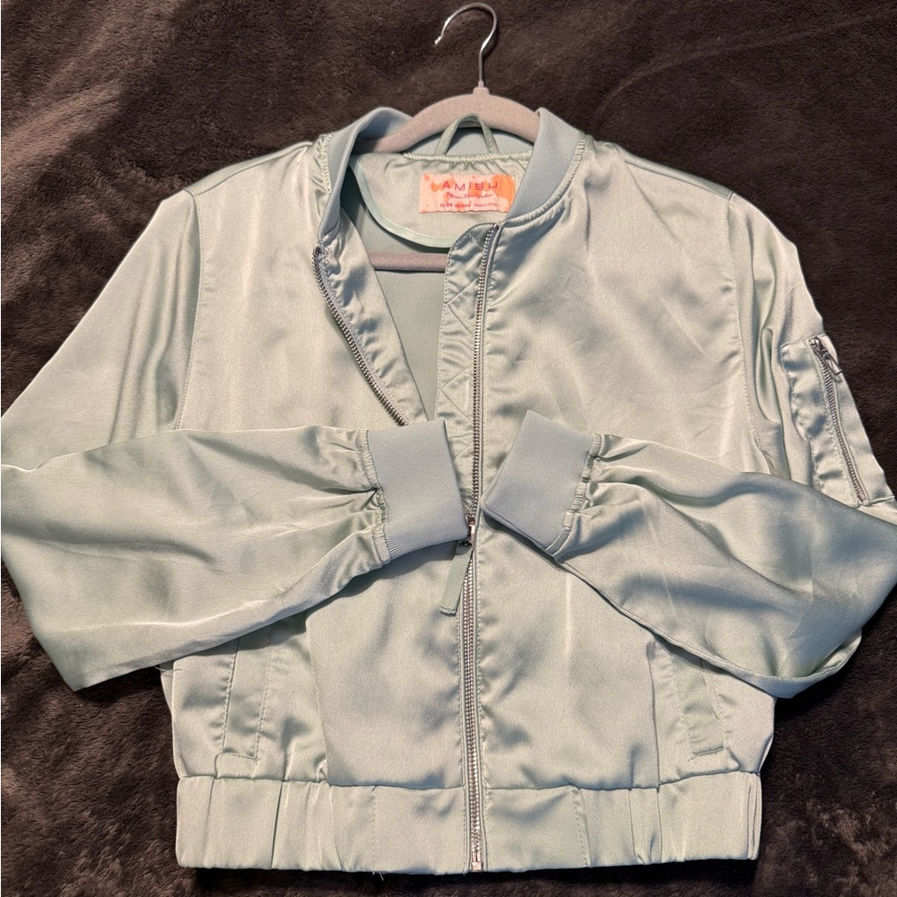 Amisu Satin Bomber Jacket in Soft Blue